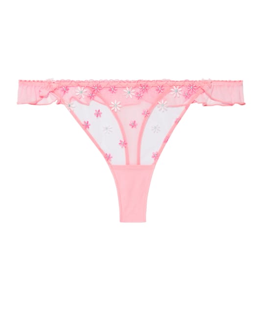 String with embroidered floral patterns;