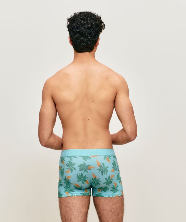 Microfiber boxer shorts with palm and banana patterns;