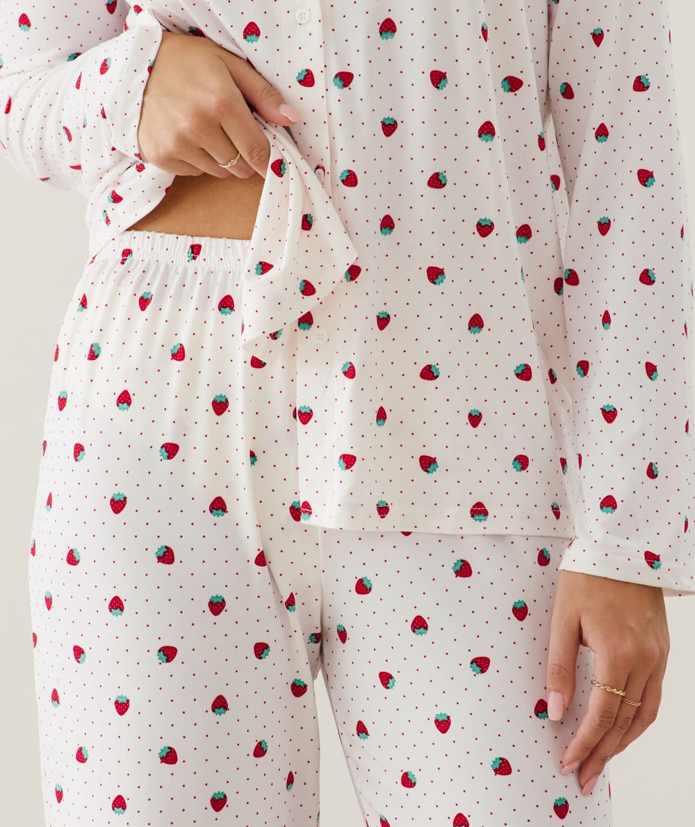 Polka dot and strawberry print jersey pajama set;