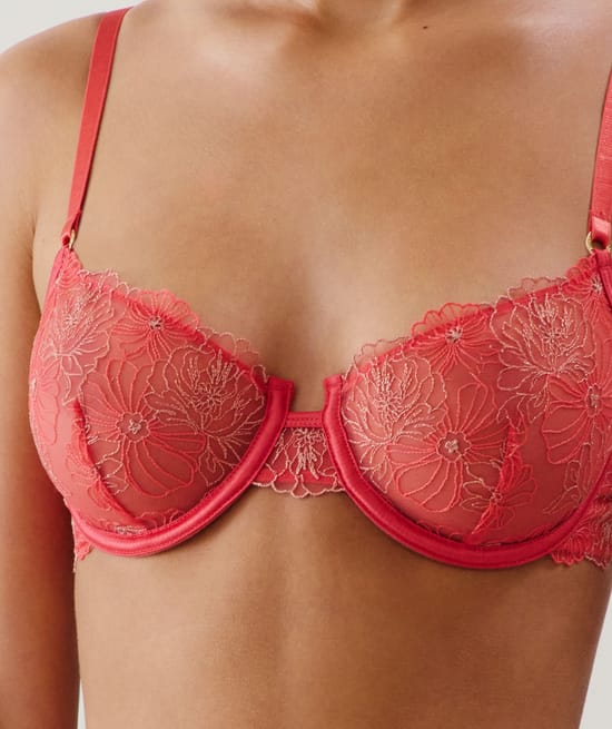 Floral embroidered mesh balconette bra - pink;
