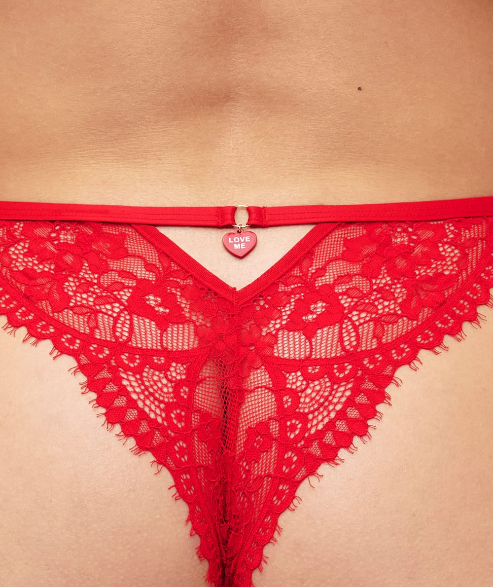 Tanga en mesh et dentelle "Love me;
