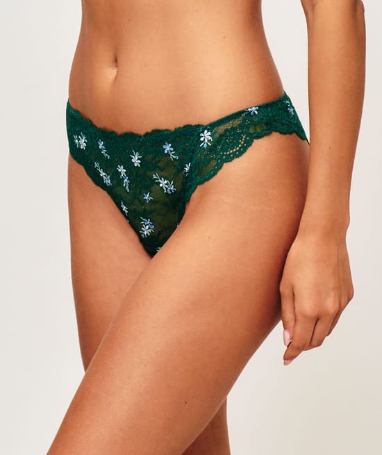 Lace thong with floral embroidery;