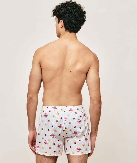 Cotton boxer shorts with hearts and breakfast motif;