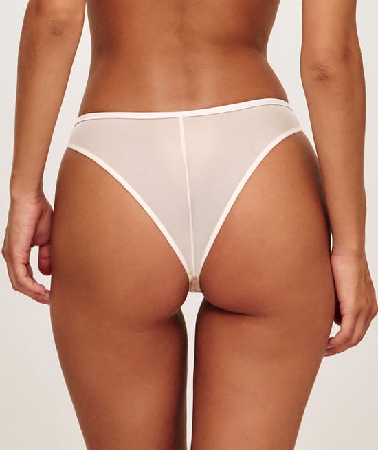 Mesh thong with floral embroidery;