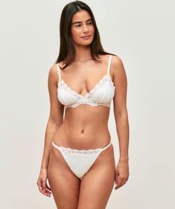 Jersey thong with lace and floral embroidery;