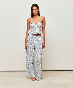 Pantalon large fluide en satin &agrave; imprim&eacute; bandana bleu;