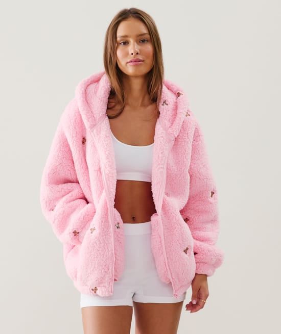 Fleece jacket with teddy bear embroidery;