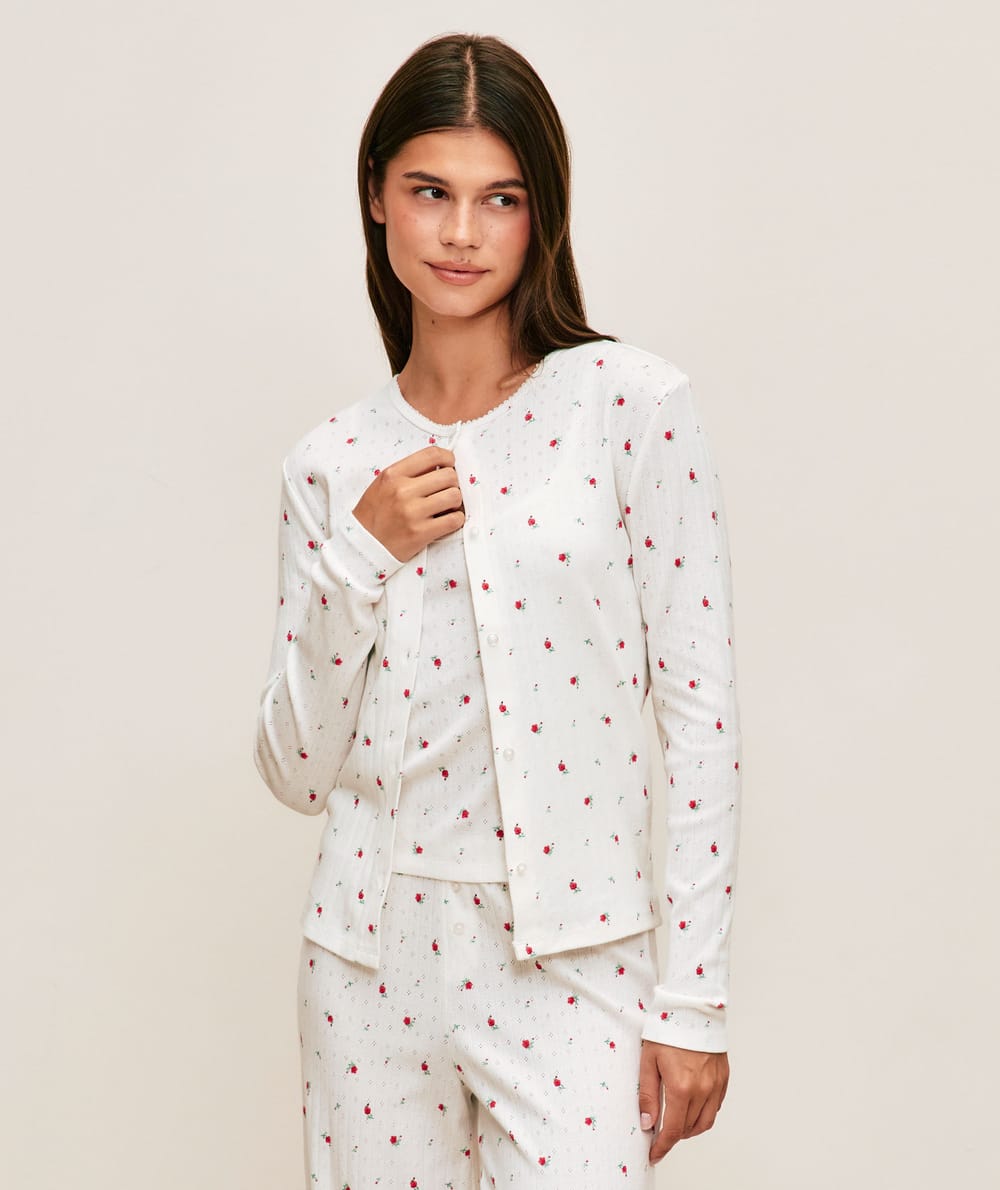 Cardigan en pointelle &agrave; imprim&eacute; fleurs;