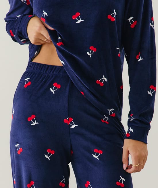 Cherry print velour pyjama set;