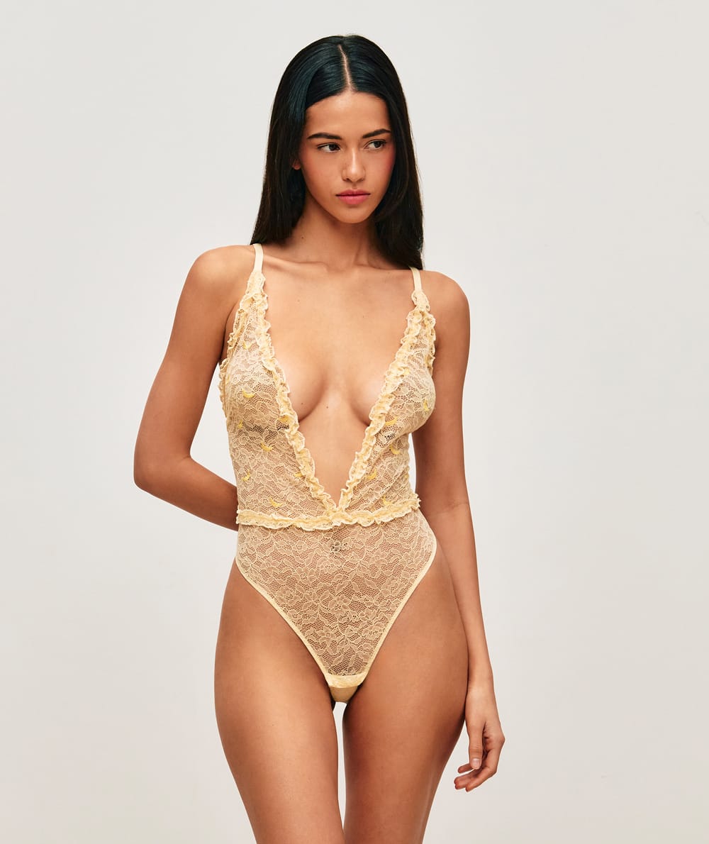 Lace tanga body with embroidered bananas;