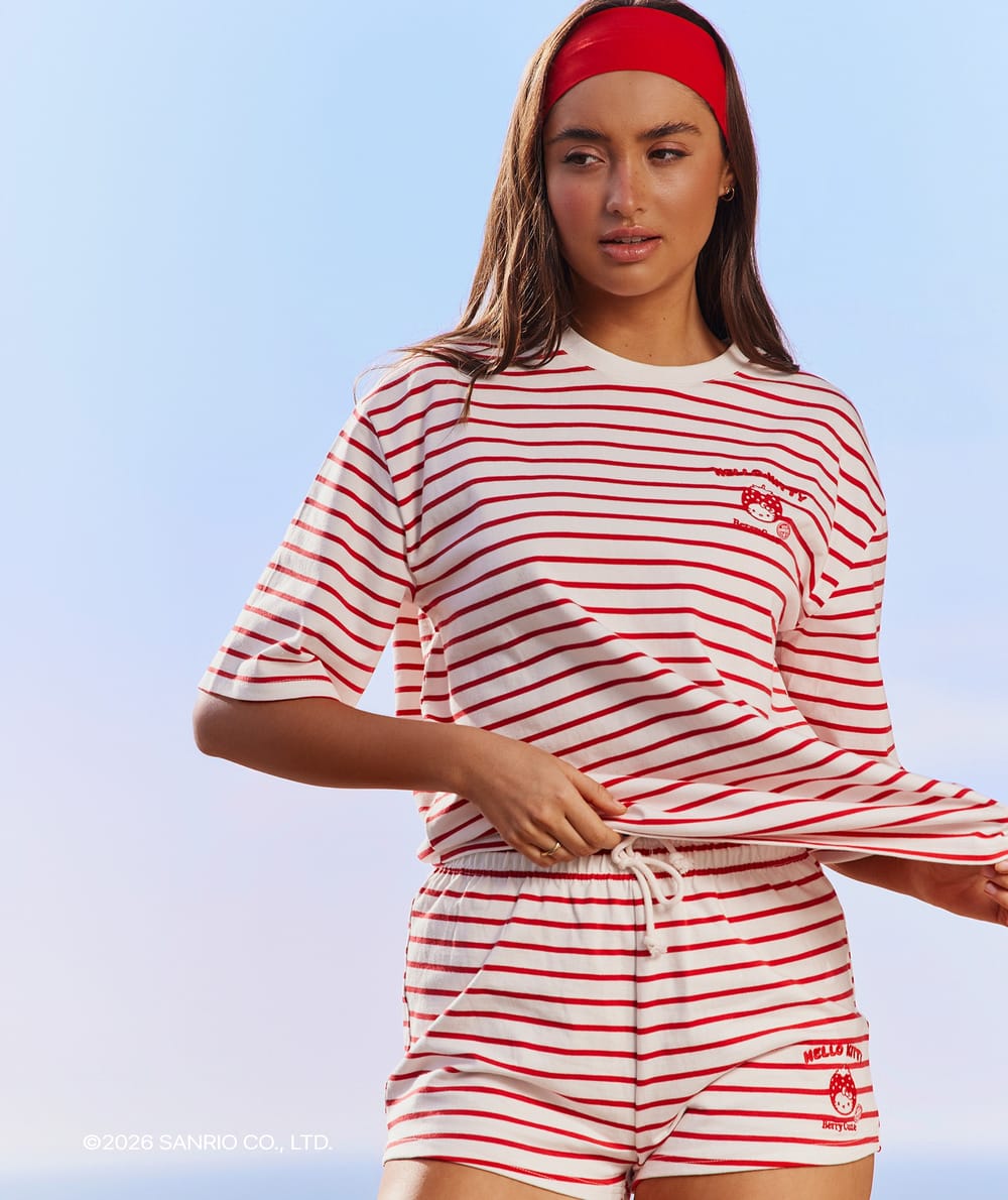 Thick jersey striped T-shirt with Hello Kitty embroidery;