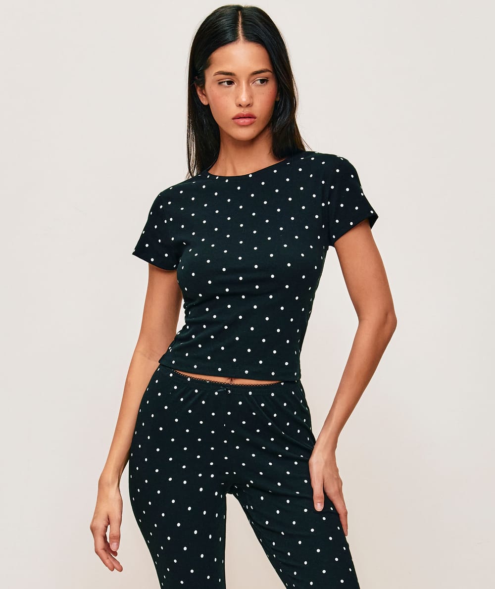 Printed jersey polka dot halter neck t-shirt;