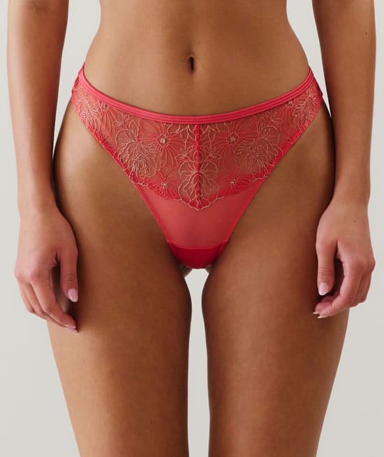 Floral embroidered mesh tanga briefs - pink;