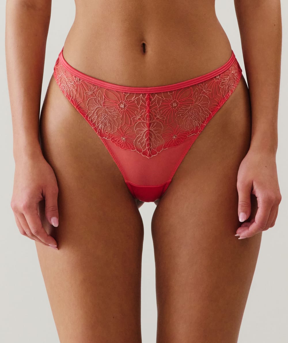 Tanga en mesh brodé fleuri rose;