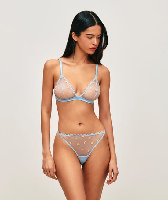 Mesh triangle bra with embroidered bananas;