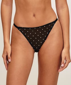 Printed polka dot mesh thong;
