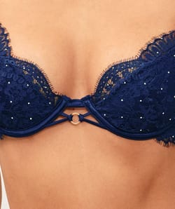 Lace push-up bra with silver rhinestones;