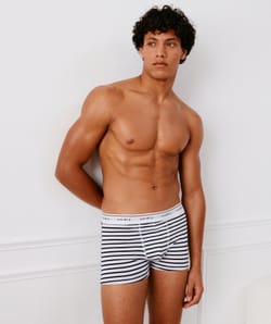 Blue horizontal striped boxer shorts;