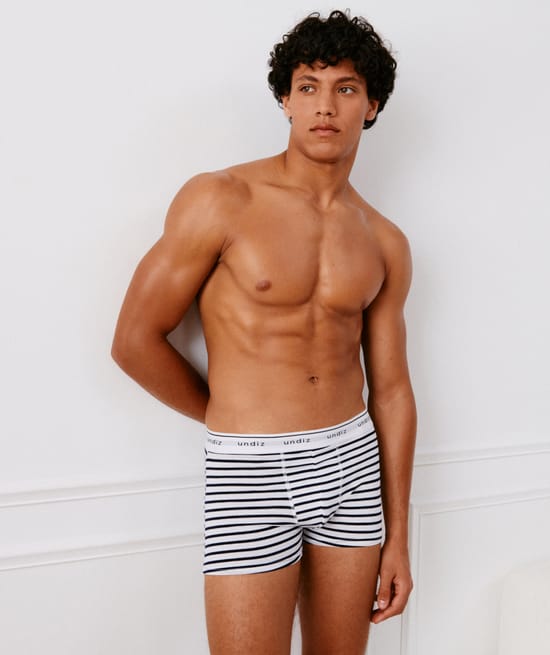 Blue horizontal striped boxer shorts;