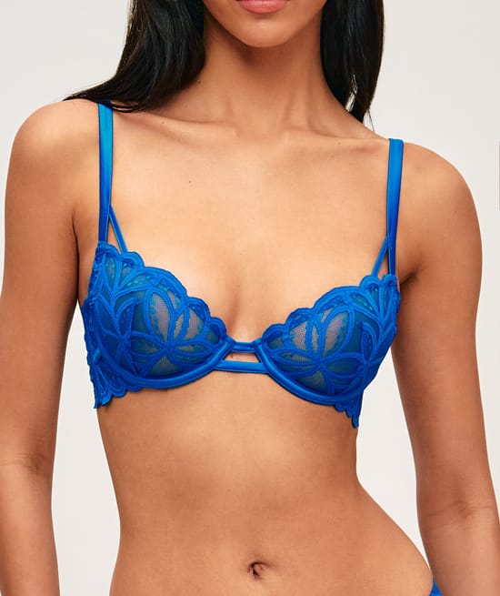 Mesh balconette bra with floral embroidery;