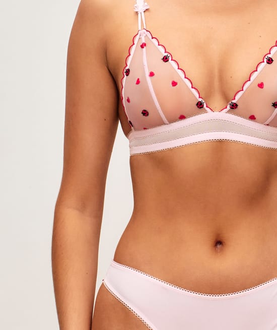 Triangle bra in mesh with embroidered heart and ladybug patterns;