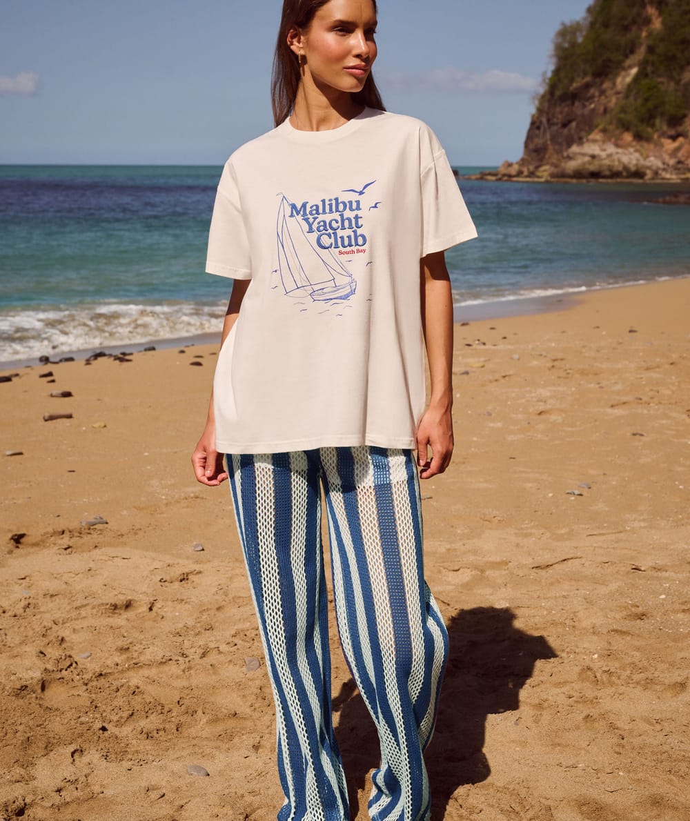 Oversized cotton T-shirt printed and embroidered Malibu Yacht Club;