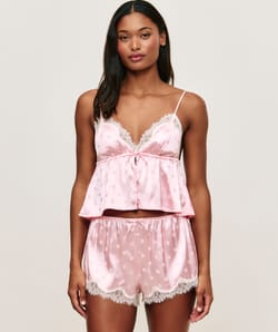 Satin and lace cami with polka dot pattern;