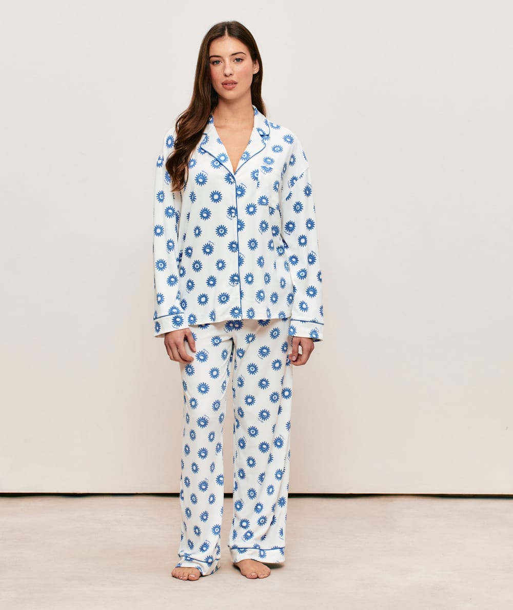 Ribbed jersey trousers with sun pattern;