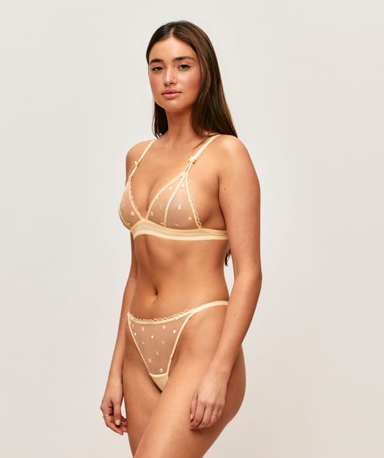 Triangle mesh bra with embroidered lemons;