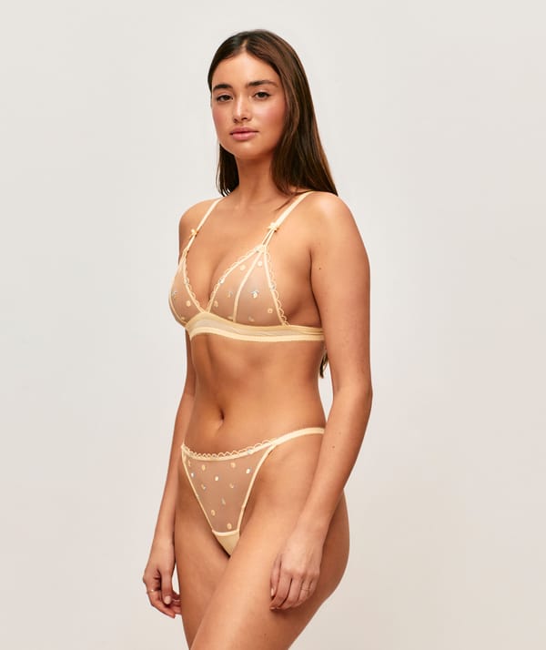 Triangle mesh bra with embroidered lemons;