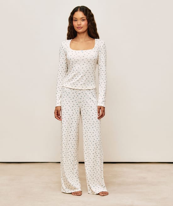 Pantalon en jersey imprim&eacute;s fleurs;