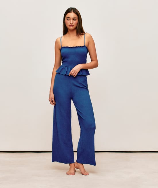 Blue textured fabric pants;