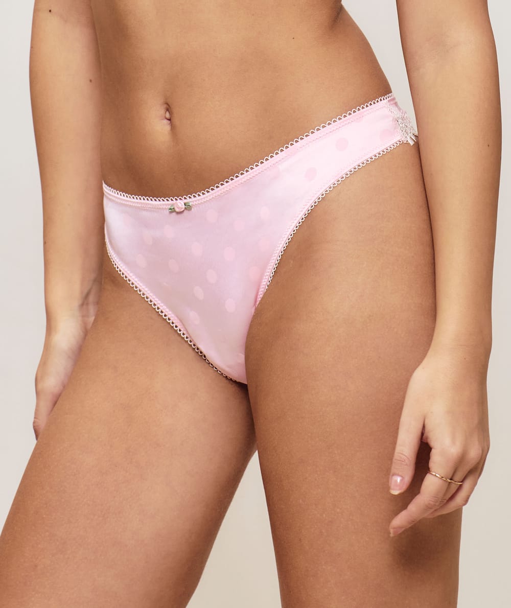 Satin and lace thong with polka dot pattern;