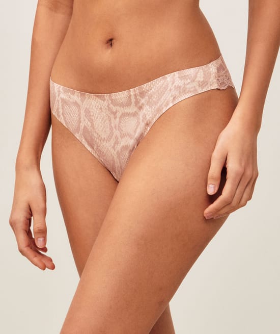 Snake print microfiber thong;