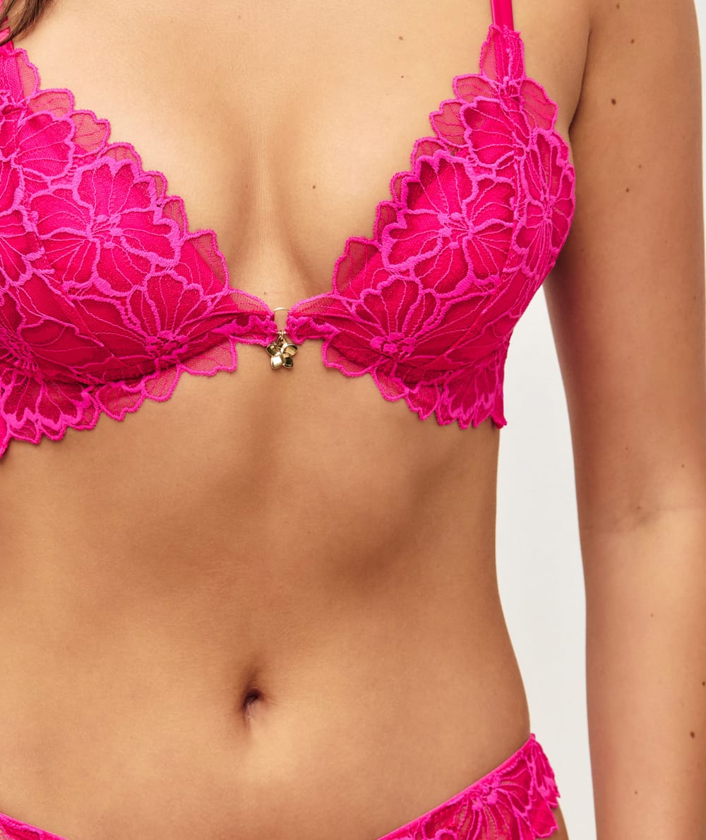 Lace triangle push-up bra with floral embroidery and jewel detail;