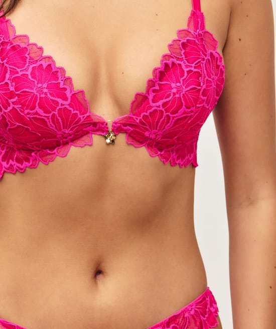 Lace triangle push-up bra with floral embroidery and jewel detail;