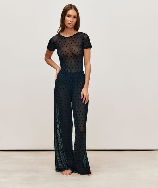 Heart pattern mesh trousers;