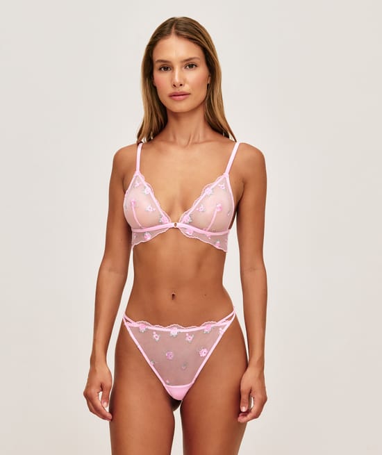 Embroidered mesh triangle bra;