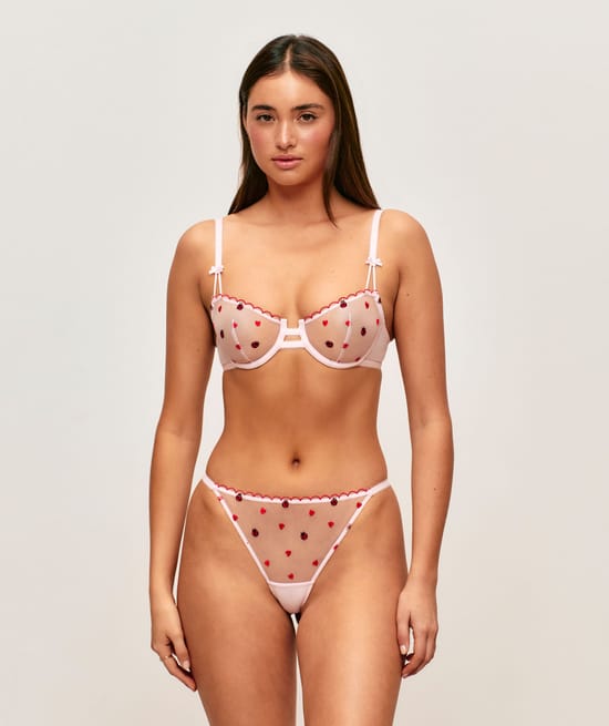 Bralette in mesh embroidered with heart and ladybug patterns;