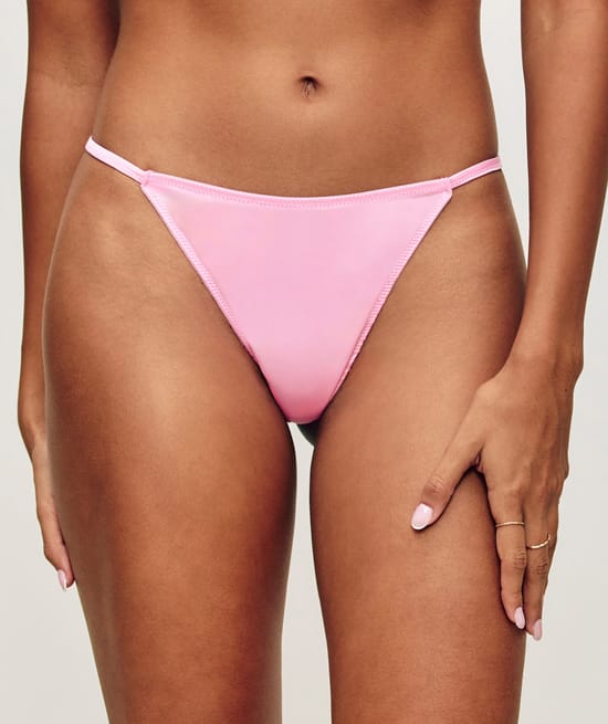 Satin and lace thong with pompom;