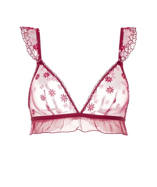Triangle bra with embroidered floral patterns;