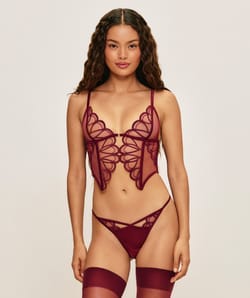 Split mesh thong with embroidery;