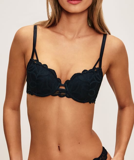 Molded mesh bra with floral embroidery;