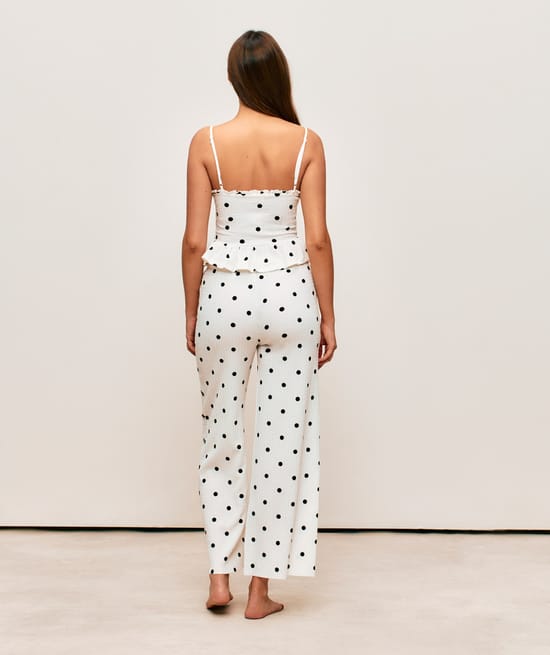 Textured fabric caraco with polka dot patterns;