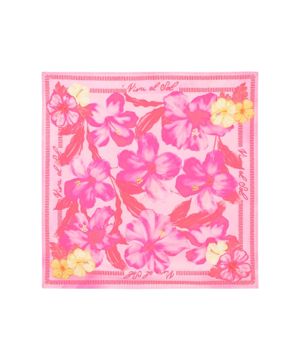 Satin scarf printed with hibiscus flowers;