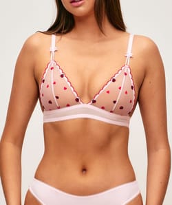 Triangle bra in mesh with embroidered heart and ladybug patterns;