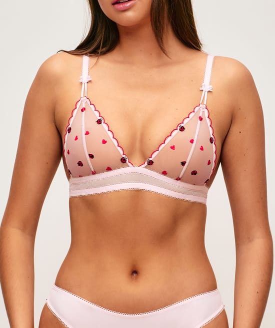 Triangle bra in mesh with embroidered heart and ladybug patterns;
