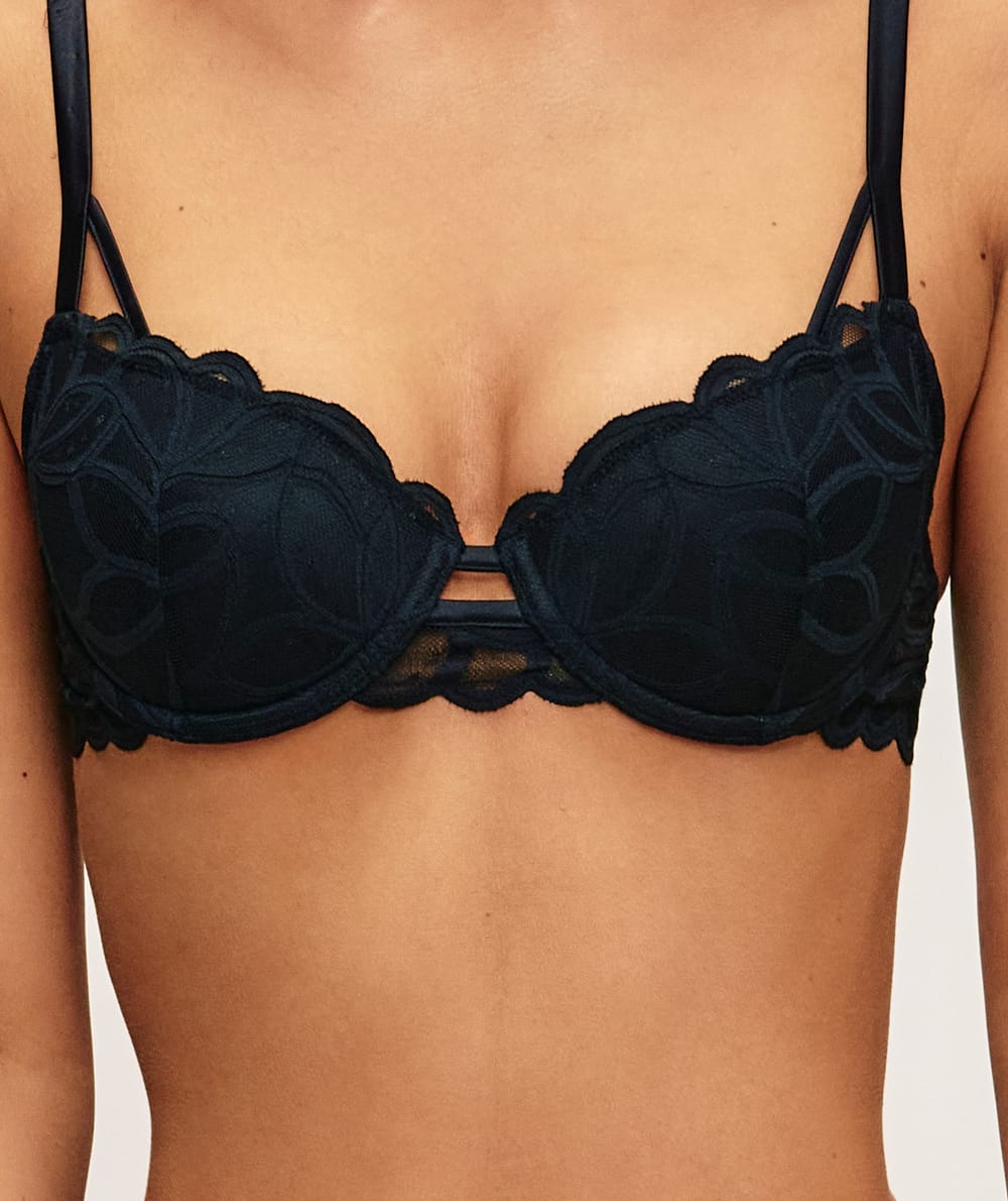 Molded mesh bra with floral embroidery;