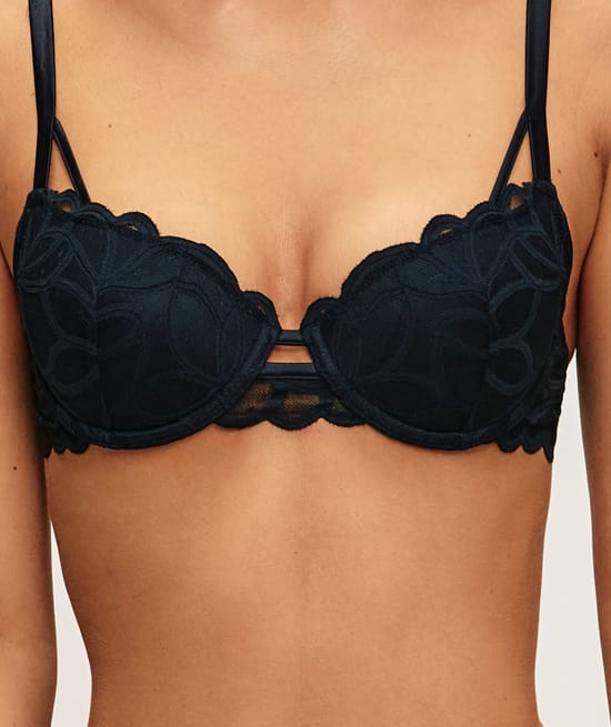 Molded mesh bra with floral embroidery;