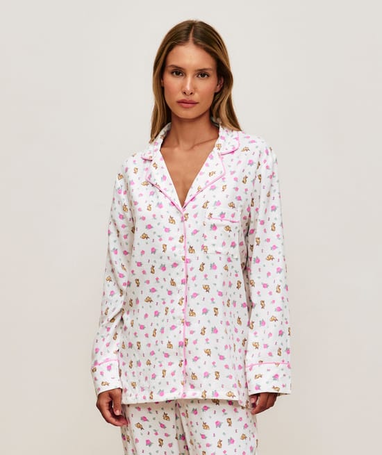 Flannel shirt with floral and rabbit print;